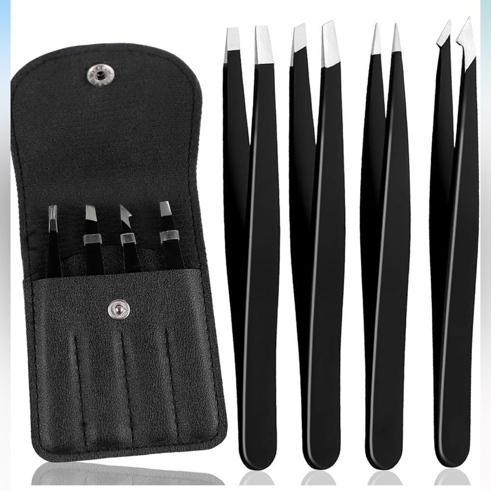 4Pcs Eyebrow Tweezers Set Professional Stainless Steel Tweezers w/ Case